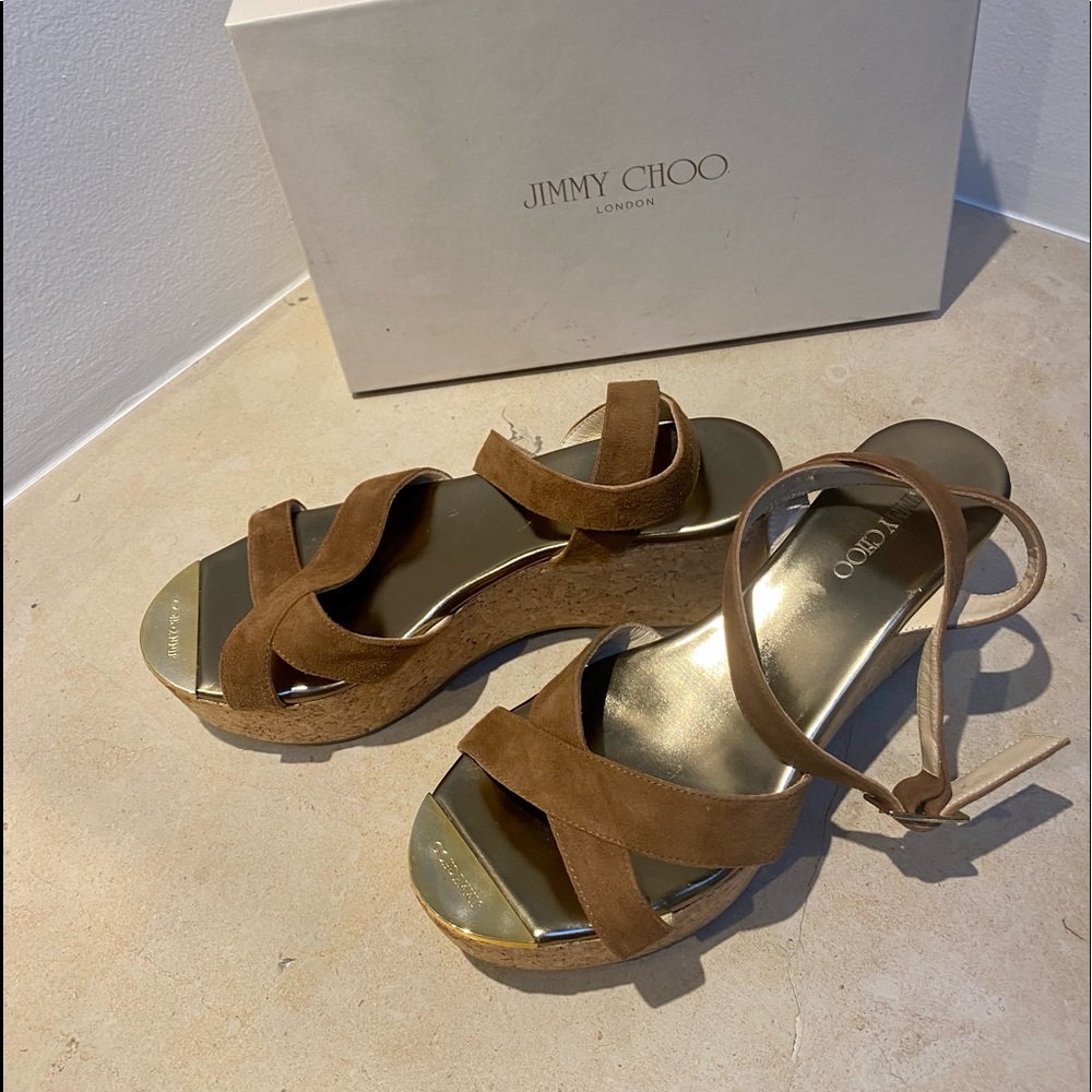 Jimmy Choo Panther crisscross wedge sandals in medium brown suede